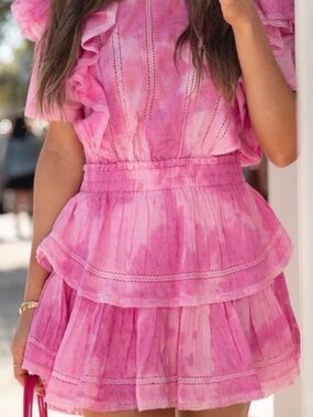 LoveShackFancy Pink Ruffled Tiered Mini Dress xl